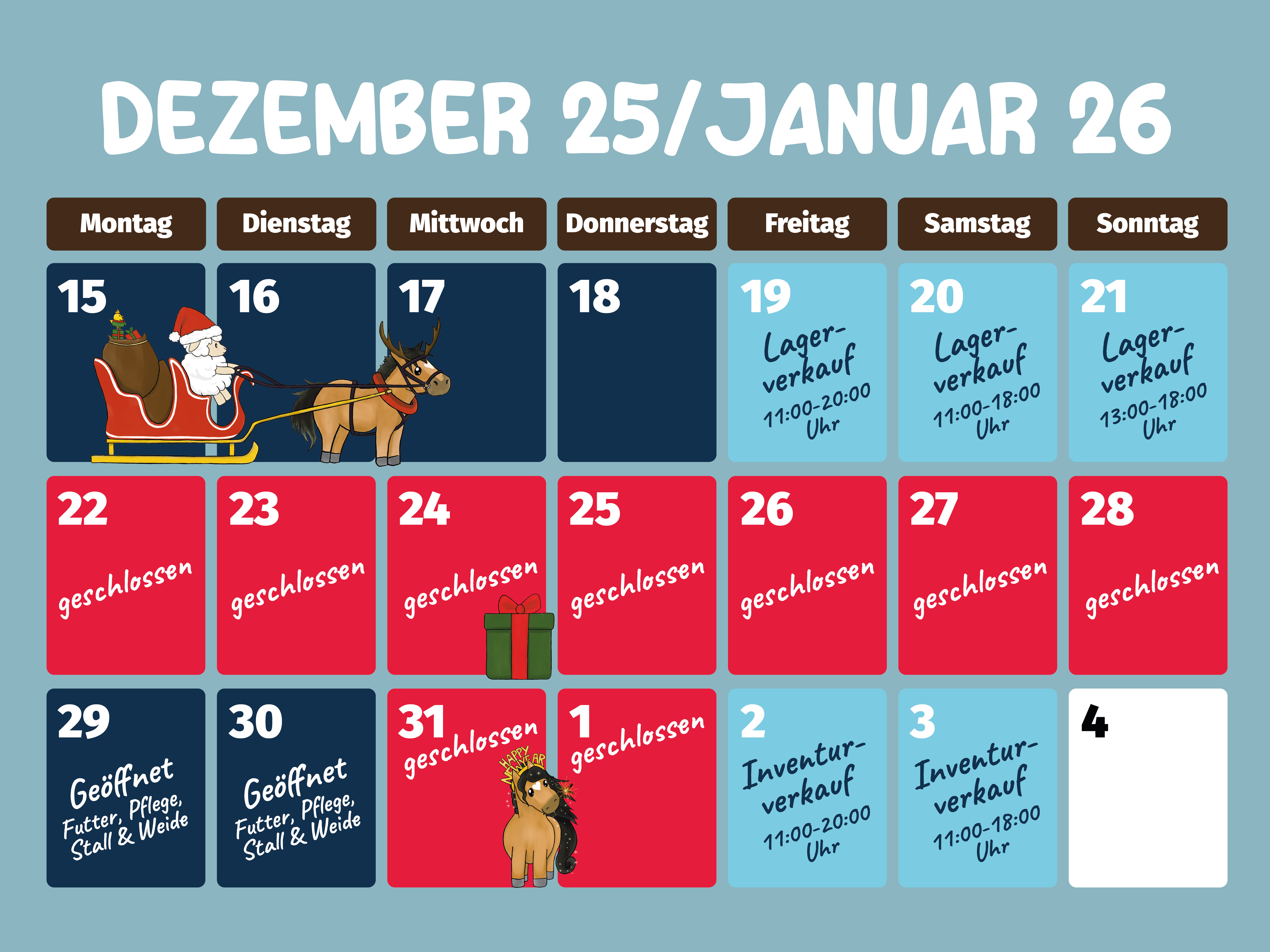 Öffnungszeiten über die Feiertage:  Bis 21.12.2025: Normal geöffnet 22.12.–28.12.2025: Geschlossen 29.12.–30.12.2025: Normal geöffnet 31.12.2025–01.01.2026: Geschlossen 02.01.–03.01.2026: Inventur-Lagerverkauf Ab 05.01.2026: Wieder normal geöffnet