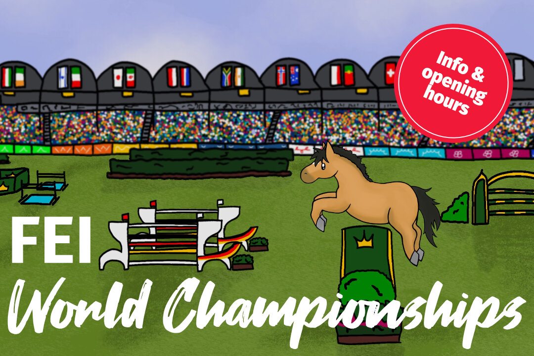 Überschrift FEI World Championships, im Hintergrund als Bild die Allianz Arena gezeichnet und über ein Hindernis springend Riley