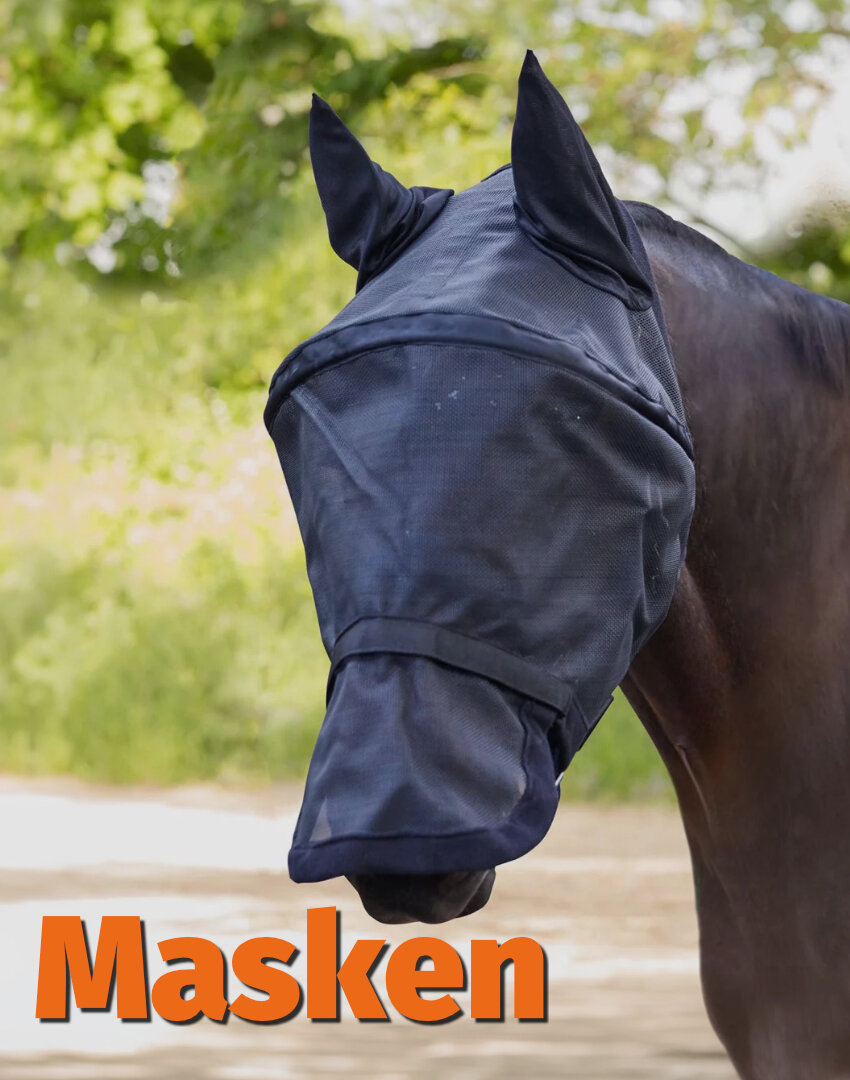 Ein Pferd in einer schwarzen Fliegenmaske. Unten steht in Orange "Masken".