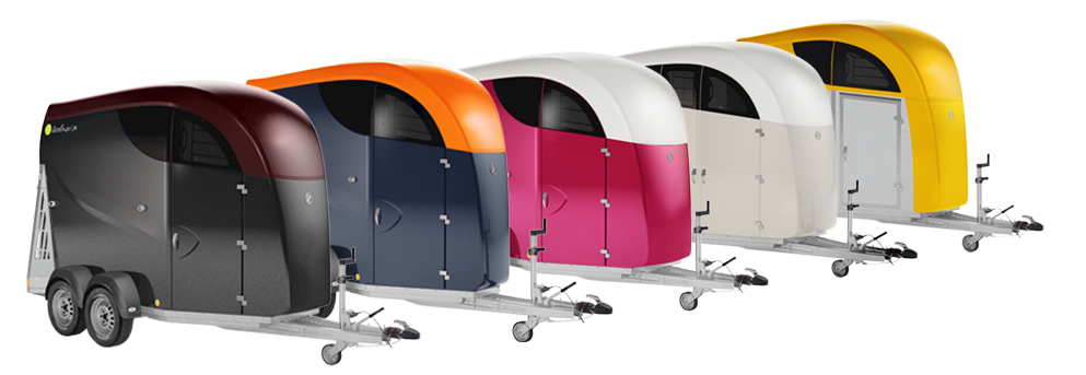 verschiedene Farbkonfigurationen der unterschiedlichen Careline Modelle. Von Metallic schwarz-bordeaux, über Blau-Orange bis hin zu Creme-Weiß.