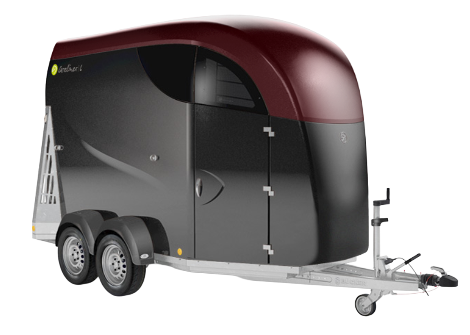 Klassischer Careliner L Pferdeanhänger in der Konfiguration metallic schwarz mit metallic bordeaux Dach.