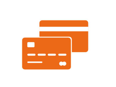 Ein orangenes Icon. Zu sehen ist eine Kreditkarte von vorne und hinten.
